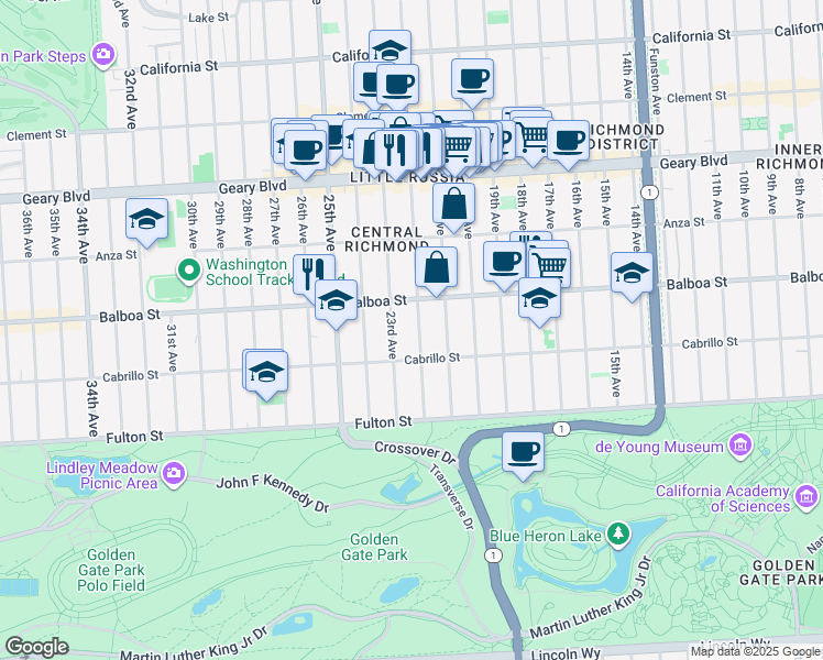 map of restaurants, bars, coffee shops, grocery stores, and more near 622 22nd Avenue in San Francisco