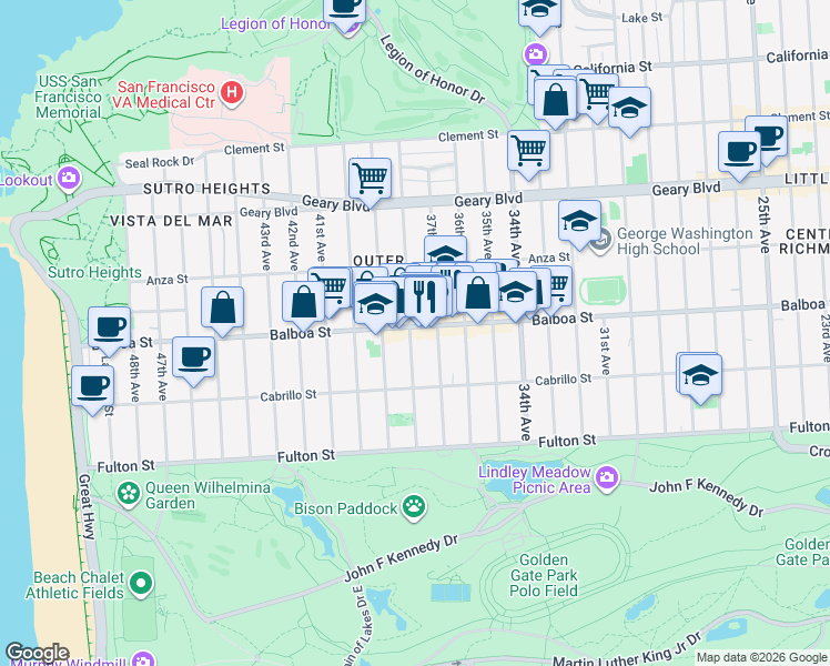 map of restaurants, bars, coffee shops, grocery stores, and more near 698-654 37th Avenue in San Francisco