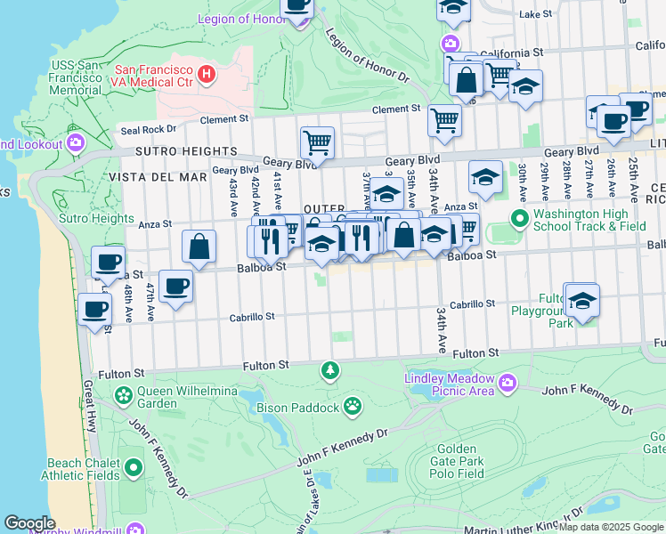 map of restaurants, bars, coffee shops, grocery stores, and more near 682 39th Avenue in San Francisco