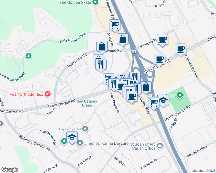 map of restaurants, bars, coffee shops, grocery stores, and more near 2840 Crow Canyon Rd in San Ramon