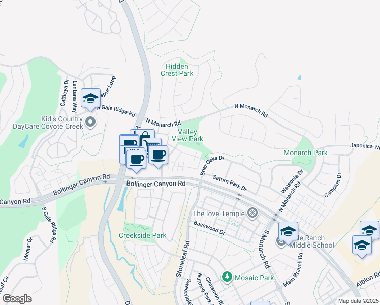 map of restaurants, bars, coffee shops, grocery stores, and more near 9643 Camassia Way in San Ramon