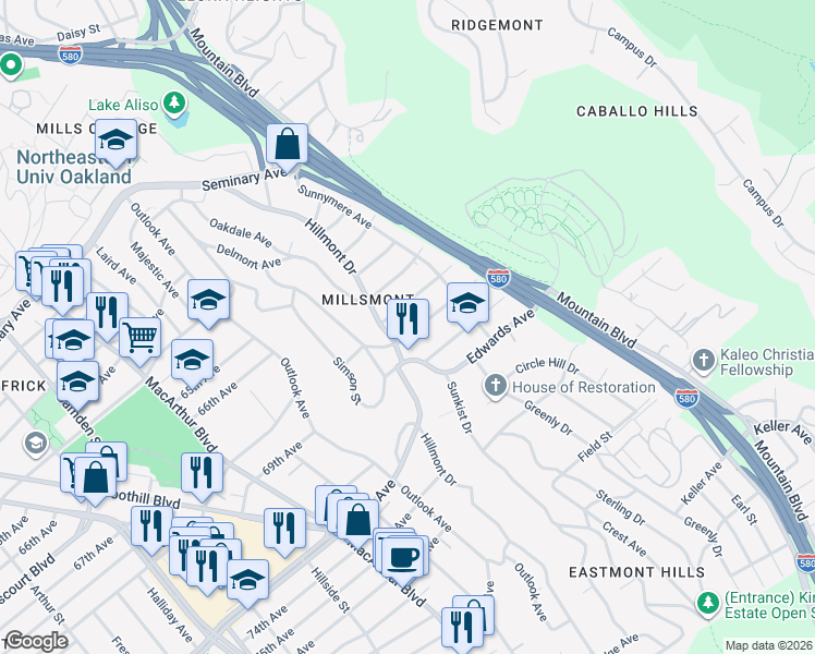 map of restaurants, bars, coffee shops, grocery stores, and more near 3927 Altamont Avenue in Oakland