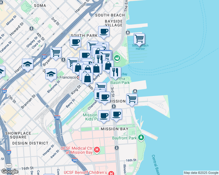 map of restaurants, bars, coffee shops, grocery stores, and more near 1000a 3rd Street in San Francisco