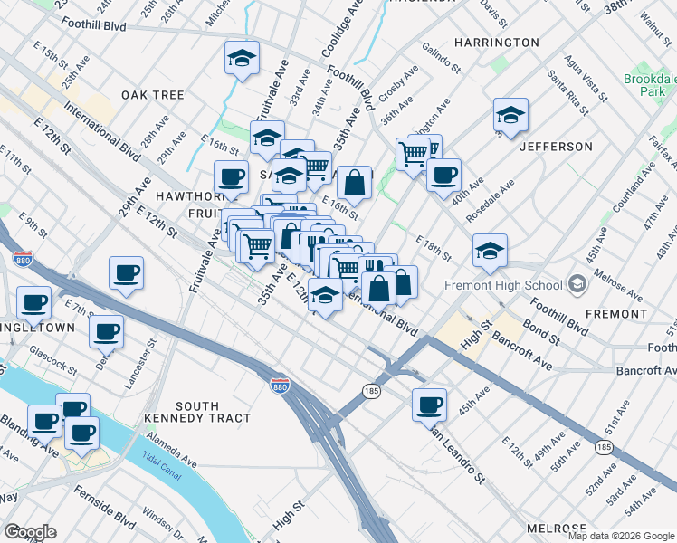 map of restaurants, bars, coffee shops, grocery stores, and more near 3700 International Boulevard in Oakland