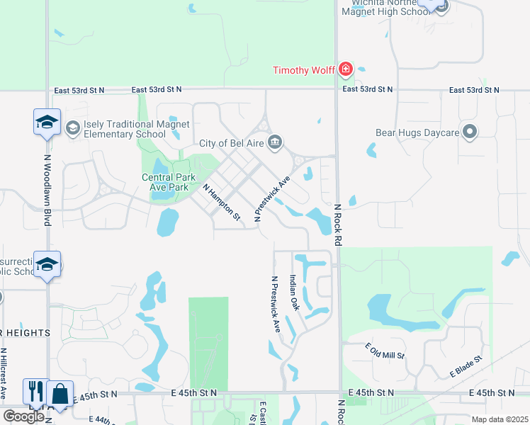 map of restaurants, bars, coffee shops, grocery stores, and more near 5056 Prestwick Avenue in Bel Aire