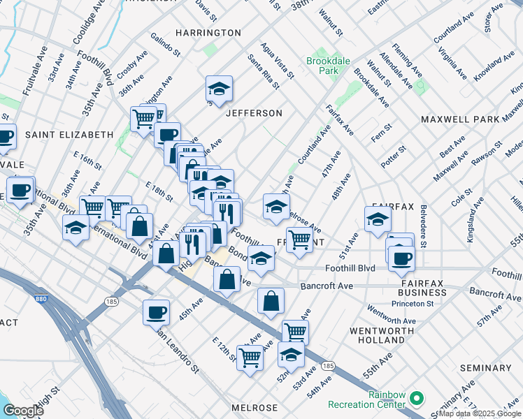map of restaurants, bars, coffee shops, grocery stores, and more near 2019 45th Avenue in Oakland