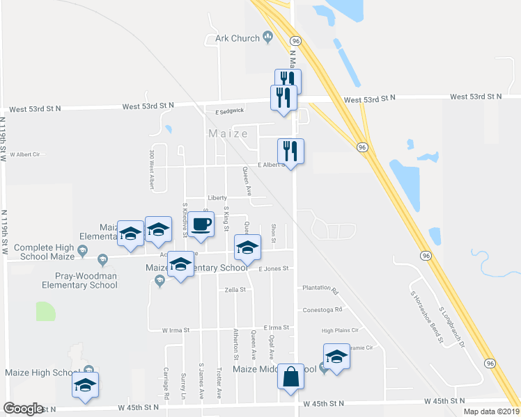 map of restaurants, bars, coffee shops, grocery stores, and more near 221 South Queen Circle in Maize