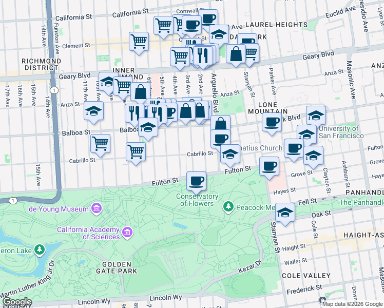 map of restaurants, bars, coffee shops, grocery stores, and more near Cabrillo St & 3rd Ave in San Francisco