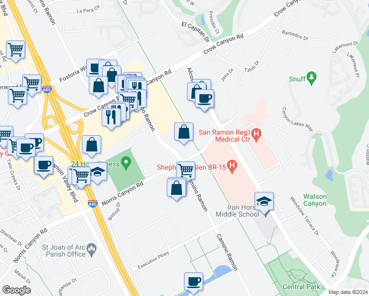 map of restaurants, bars, coffee shops, grocery stores, and more near 2305 Camino Ramon in San Ramon