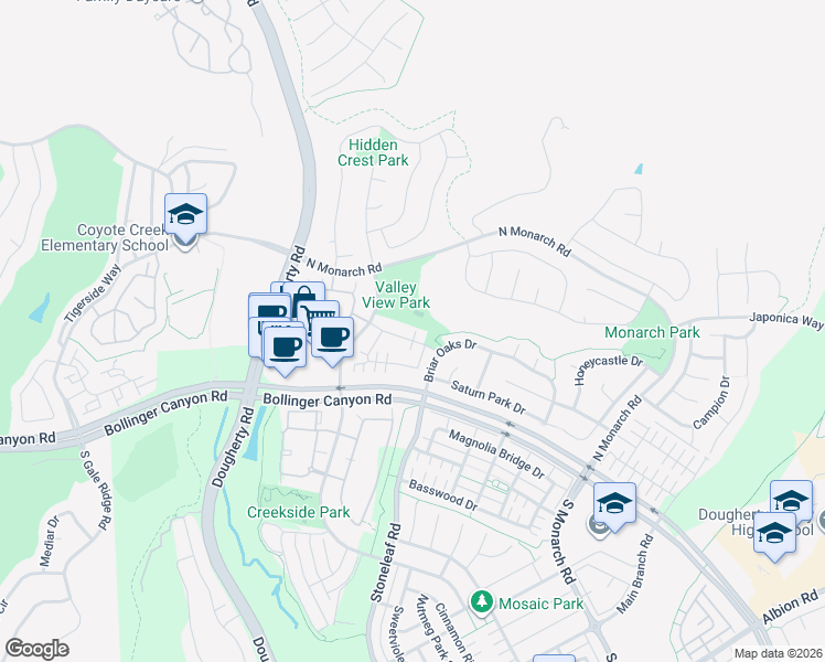 map of restaurants, bars, coffee shops, grocery stores, and more near 9655 Camassia Way in San Ramon