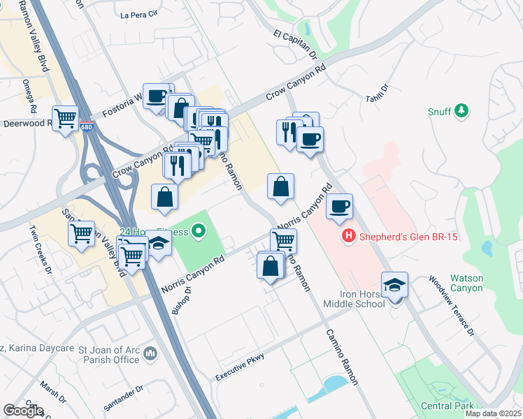 map of restaurants, bars, coffee shops, grocery stores, and more near 2303 Camino Ramon in San Ramon