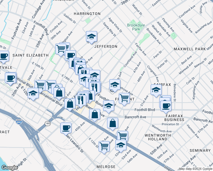 map of restaurants, bars, coffee shops, grocery stores, and more near 2039 45th Avenue in Oakland