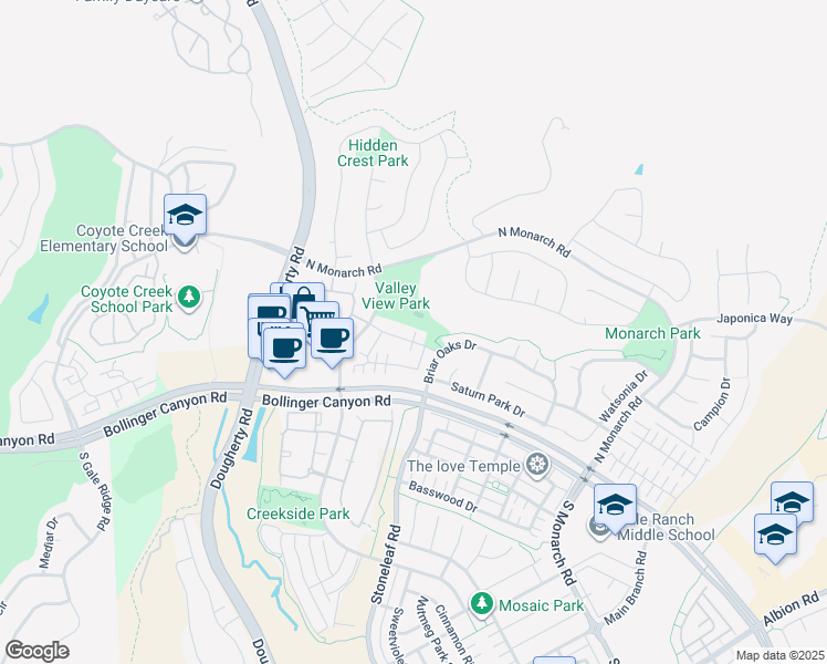 map of restaurants, bars, coffee shops, grocery stores, and more near 9655 Camassia Way in San Ramon