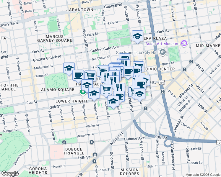 map of restaurants, bars, coffee shops, grocery stores, and more near 542 Fell Street in San Francisco