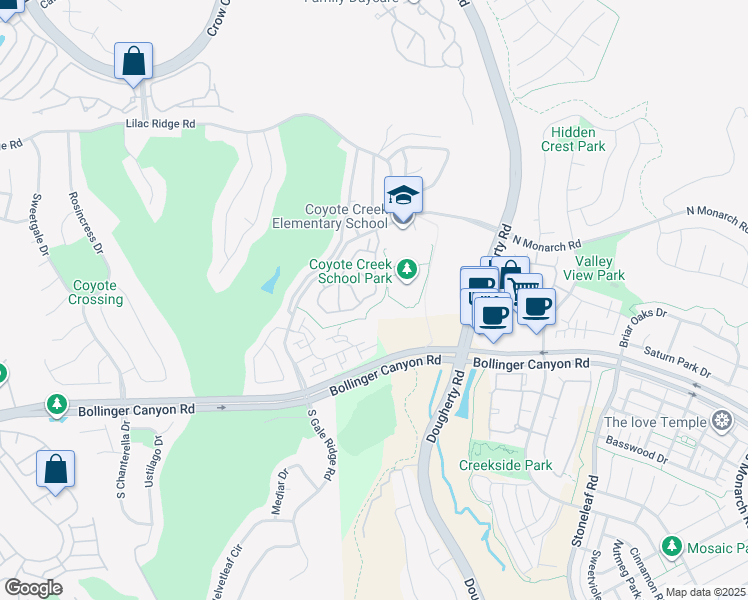 map of restaurants, bars, coffee shops, grocery stores, and more near in San Ramon
