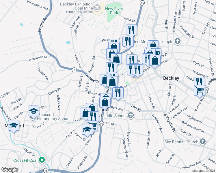 map of restaurants, bars, coffee shops, grocery stores, and more near State Highway 3 in Beckley