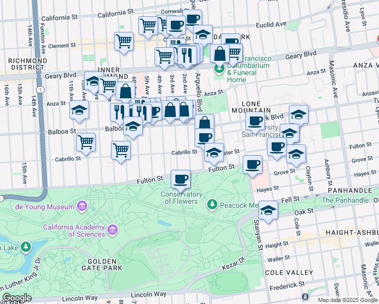 map of restaurants, bars, coffee shops, grocery stores, and more near Cabrillo Street & 2nd Avenue in San Francisco