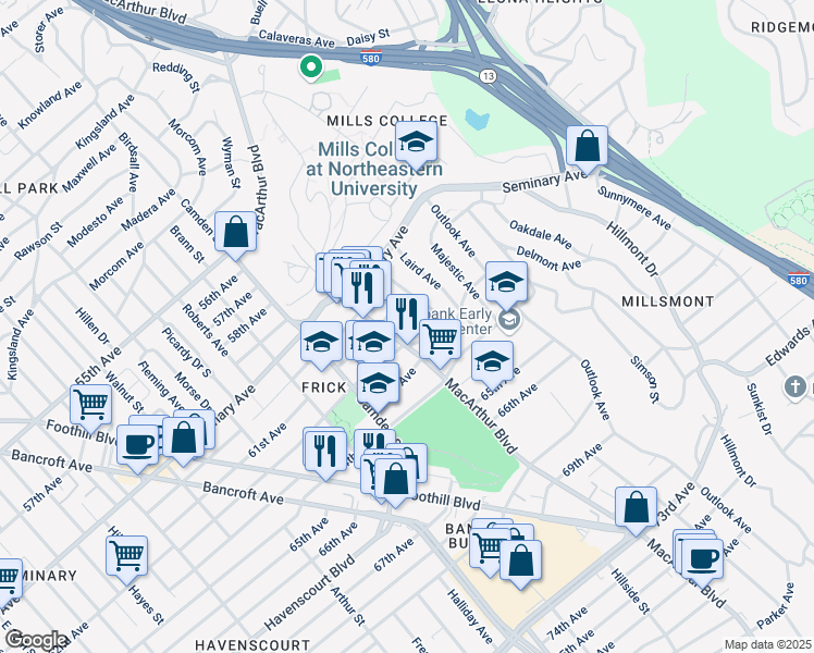 map of restaurants, bars, coffee shops, grocery stores, and more near 6130 Monadnock Way in Oakland