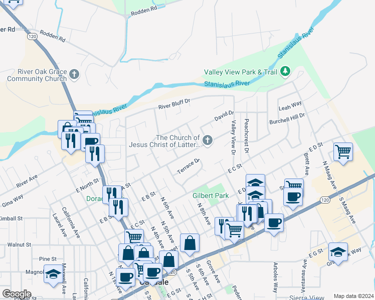 map of restaurants, bars, coffee shops, grocery stores, and more near 1004 East A Street in Oakdale