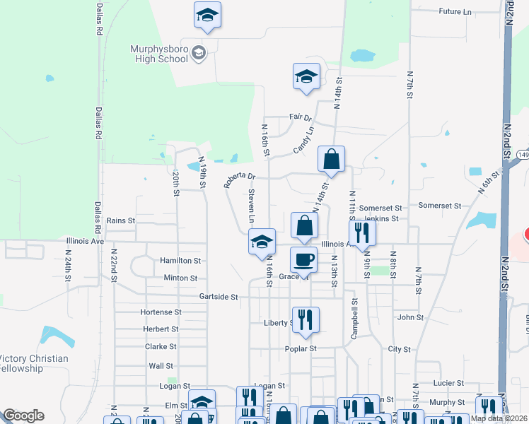 map of restaurants, bars, coffee shops, grocery stores, and more near 1100-1124 Steven Lane in Murphysboro