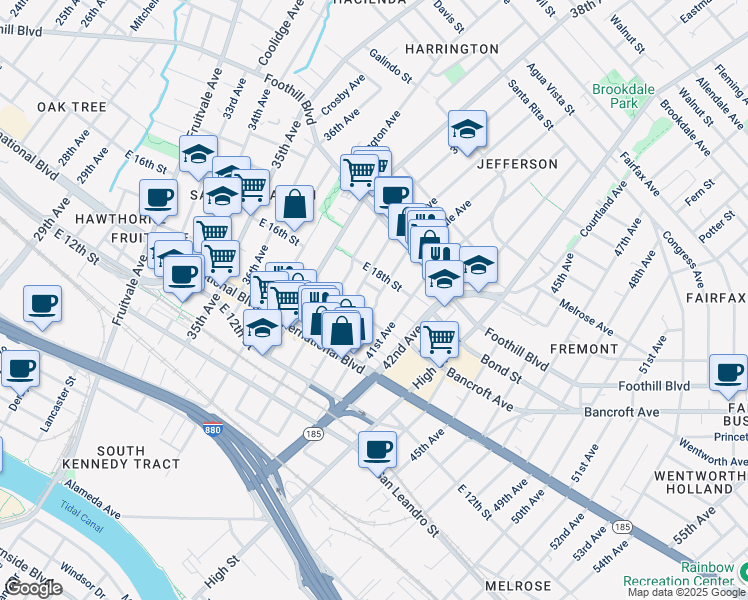 map of restaurants, bars, coffee shops, grocery stores, and more near 1631 Rosedale Avenue in Oakland