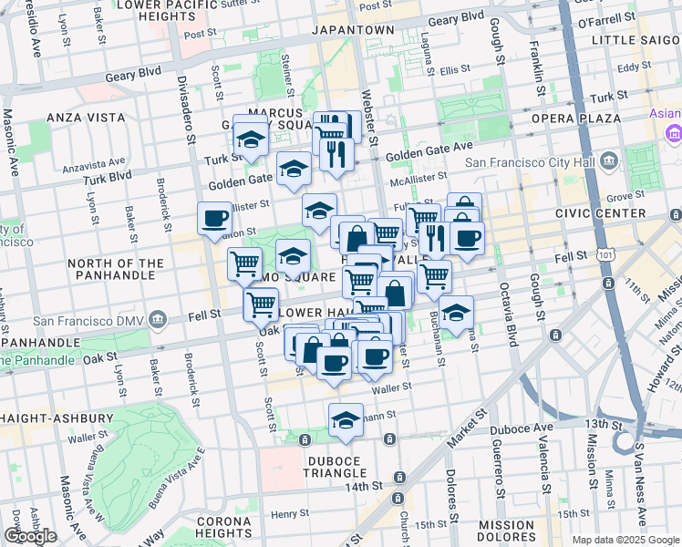 map of restaurants, bars, coffee shops, grocery stores, and more near 941 Hayes Street in San Francisco