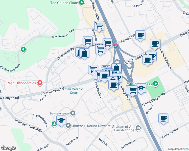 map of restaurants, bars, coffee shops, grocery stores, and more near 2840 Crow Canyon Road in San Ramon