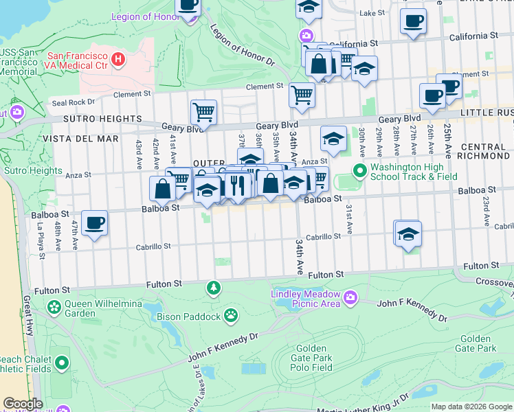 map of restaurants, bars, coffee shops, grocery stores, and more near 3519 Balboa Street in San Francisco
