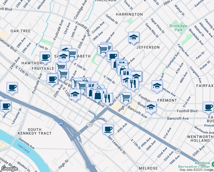 map of restaurants, bars, coffee shops, grocery stores, and more near 1631 Rosedale Avenue in Oakland