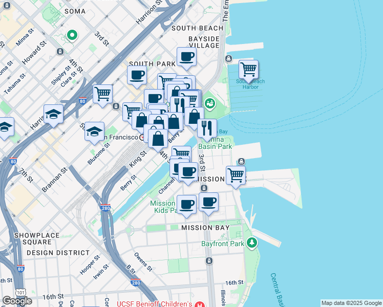 map of restaurants, bars, coffee shops, grocery stores, and more near 1000a 3rd Street in San Francisco