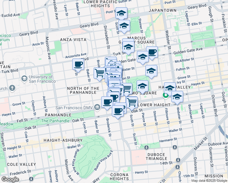 map of restaurants, bars, coffee shops, grocery stores, and more near 643 Divisadero Street in San Francisco