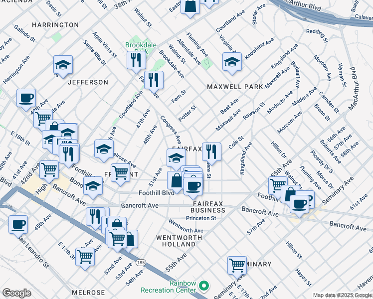 map of restaurants, bars, coffee shops, grocery stores, and more near 5030 Congress Avenue in Oakland
