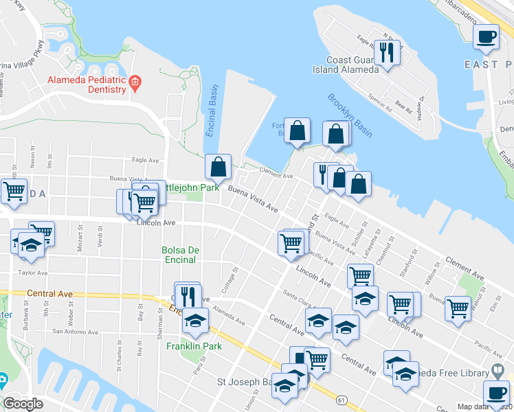 map of restaurants, bars, coffee shops, grocery stores, and more near 1563 Buena Vista Avenue in Alameda