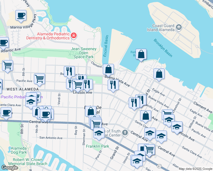 map of restaurants, bars, coffee shops, grocery stores, and more near 1505 Pacific Avenue in Alameda