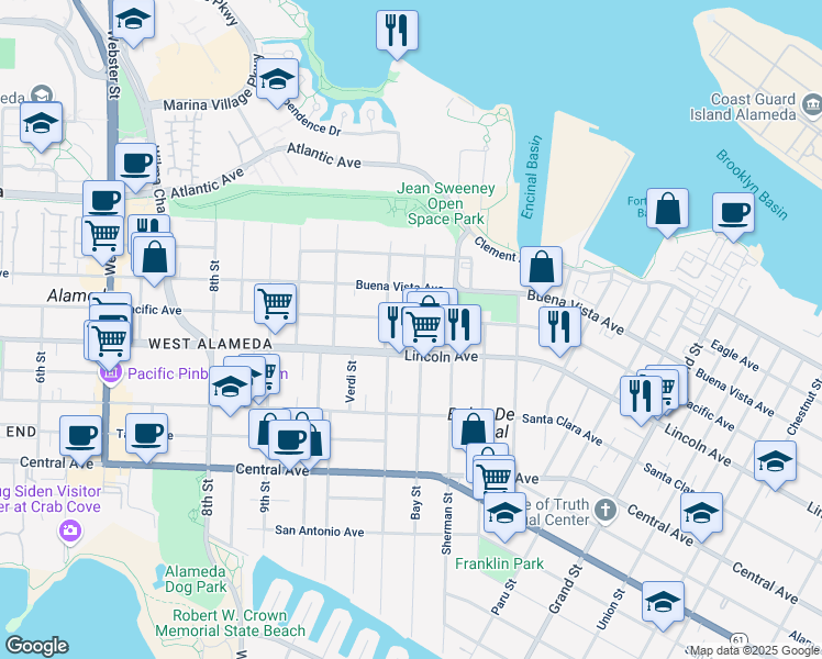 map of restaurants, bars, coffee shops, grocery stores, and more near 1135 Pacific Avenue in Alameda