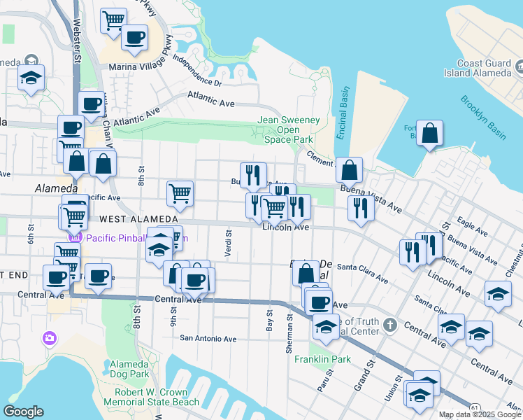 map of restaurants, bars, coffee shops, grocery stores, and more near 1135 Pacific Avenue in Alameda