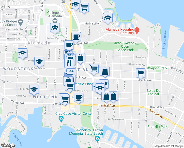 map of restaurants, bars, coffee shops, grocery stores, and more near 800 Pacific Avenue in Alameda