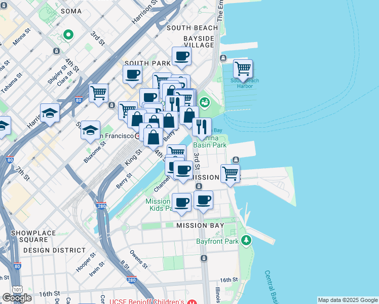 map of restaurants, bars, coffee shops, grocery stores, and more near 1000a 3rd Street in San Francisco