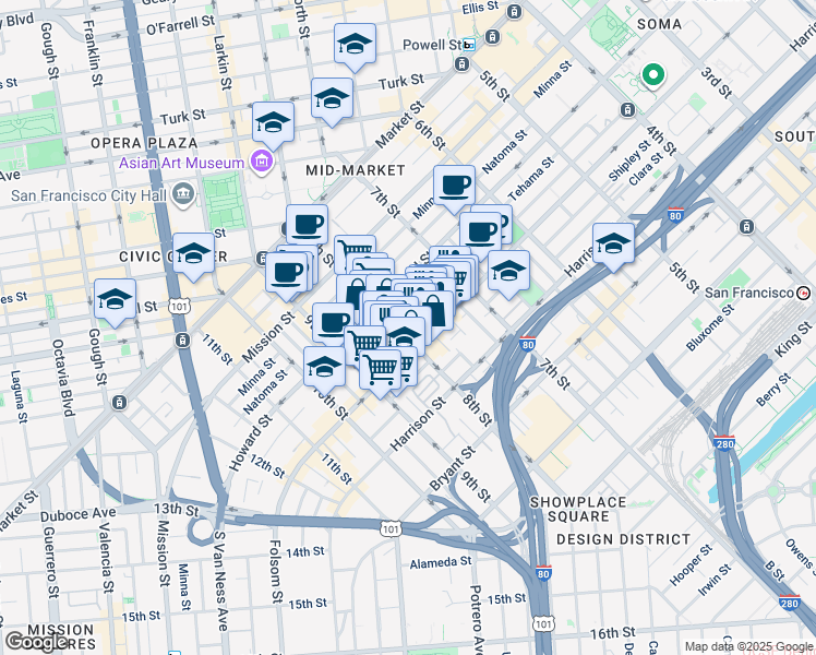 map of restaurants, bars, coffee shops, grocery stores, and more near 58 Sumner Street in San Francisco
