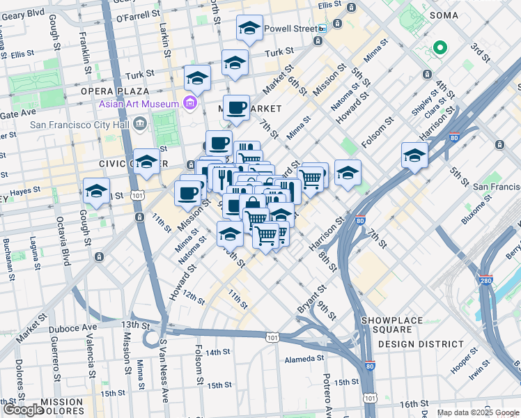 map of restaurants, bars, coffee shops, grocery stores, and more near in San Francisco