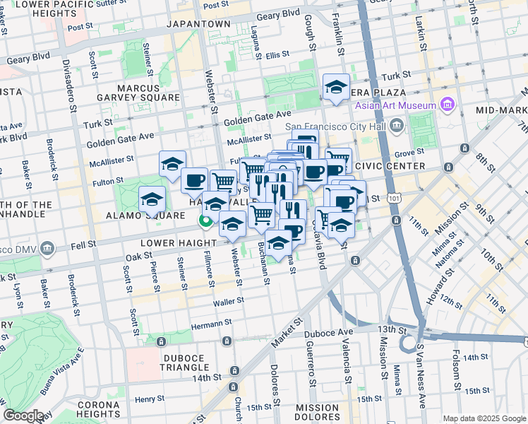 map of restaurants, bars, coffee shops, grocery stores, and more near 542 Linden Street in San Francisco