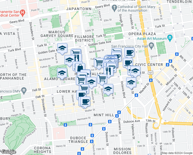 map of restaurants, bars, coffee shops, grocery stores, and more near 717 Hayes Street in San Francisco