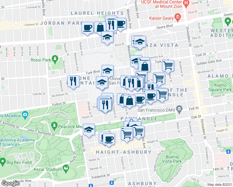 map of restaurants, bars, coffee shops, grocery stores, and more near 25 Loyola Terrace in San Francisco