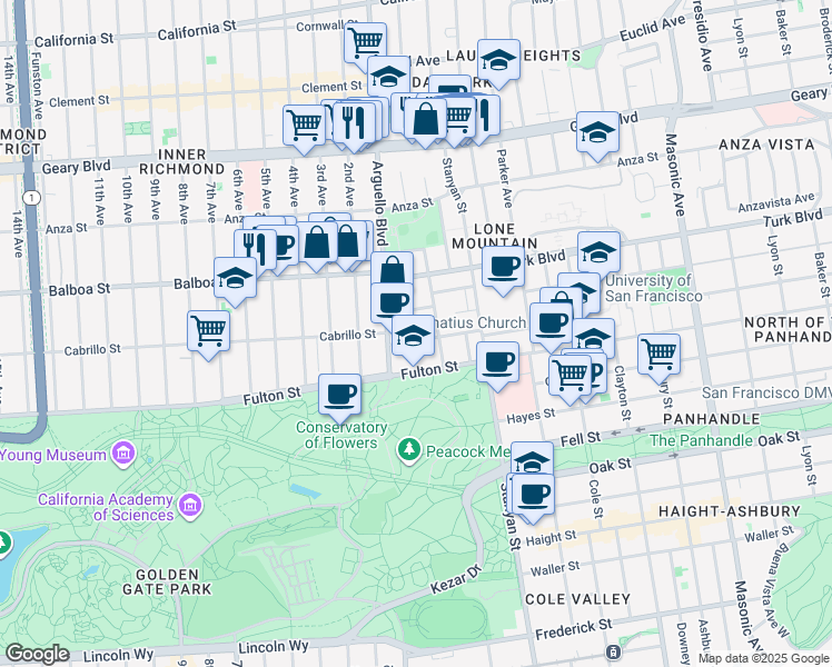 map of restaurants, bars, coffee shops, grocery stores, and more near 225 Willard North in San Francisco