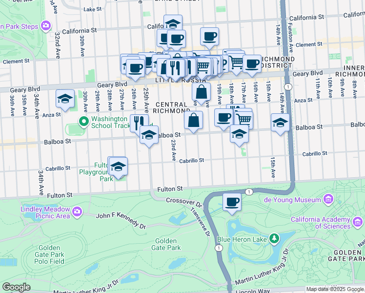map of restaurants, bars, coffee shops, grocery stores, and more near 622 22nd Avenue in San Francisco