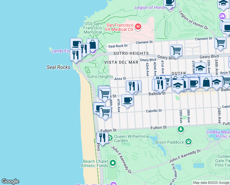 map of restaurants, bars, coffee shops, grocery stores, and more near 45 Sutro Heights Avenue in San Francisco