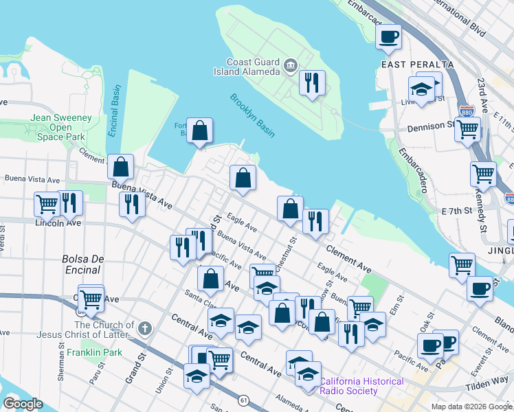 map of restaurants, bars, coffee shops, grocery stores, and more near 1777 Clement Avenue in Alameda