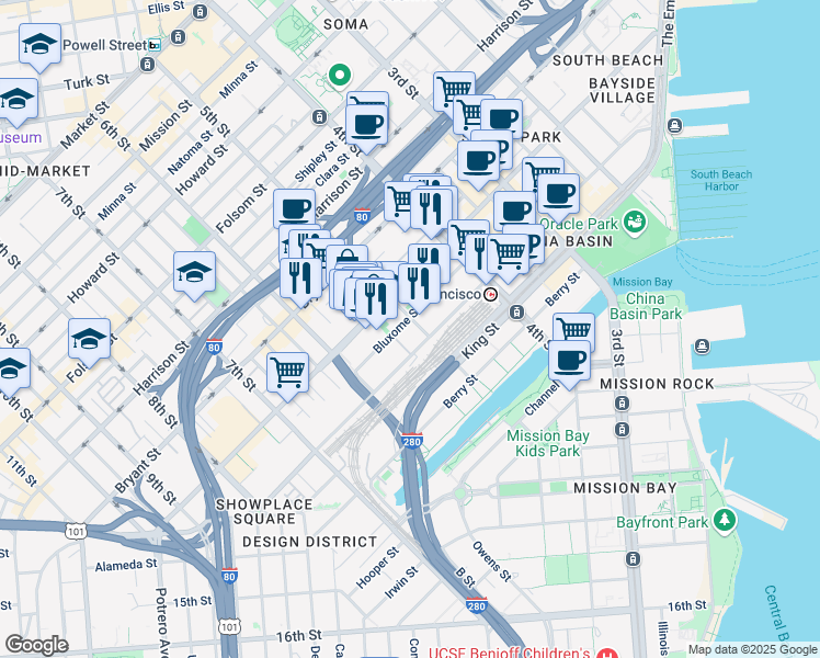 map of restaurants, bars, coffee shops, grocery stores, and more near 311 Townsend Street in San Francisco
