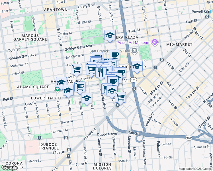 map of restaurants, bars, coffee shops, grocery stores, and more near 333 Fell Street in San Francisco