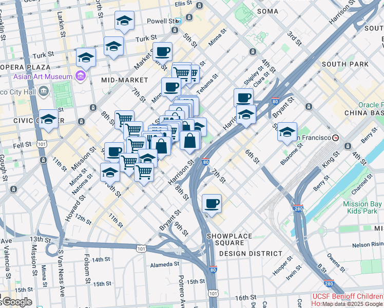 map of restaurants, bars, coffee shops, grocery stores, and more near 336 7th Street in San Francisco